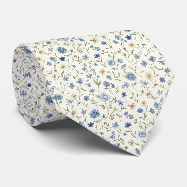 Cravate Fleurs sauvages blanches bleues Roses Mariage Mari (Roulé)