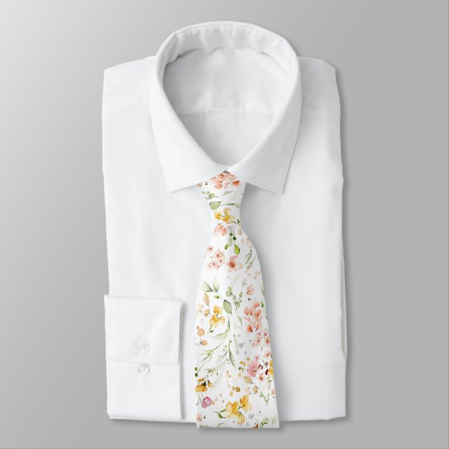 Cravate Fleurs sauvages bohèmes aquarelle douce pastel (Attaché)