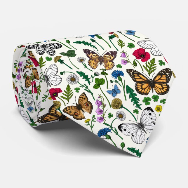 Cravate Fleurs sauvages et papillons sur blanc (Roulé)