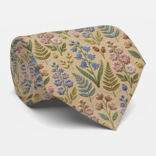 Cravate Fleurs sauvages Faux Soie Style Broderie Vintage