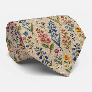 Cravate Fleurs sauvages Faux Soie Style Broderie Vintage