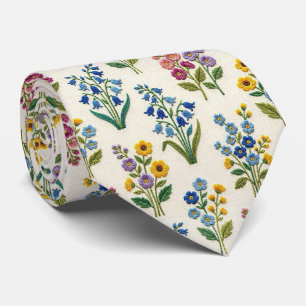 Cravate Fleurs sauvages Faux Soie Style Broderie Vintage