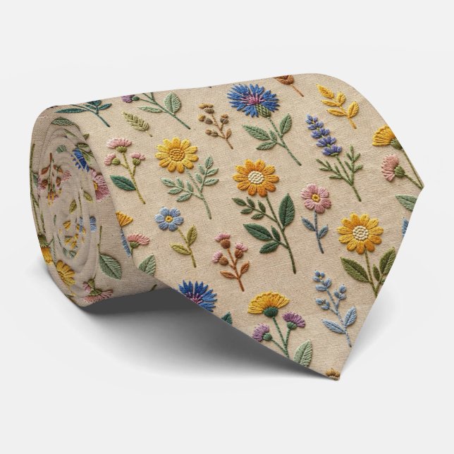 Cravate Fleurs sauvages Faux soie | Style de broderie vint (Roulé)