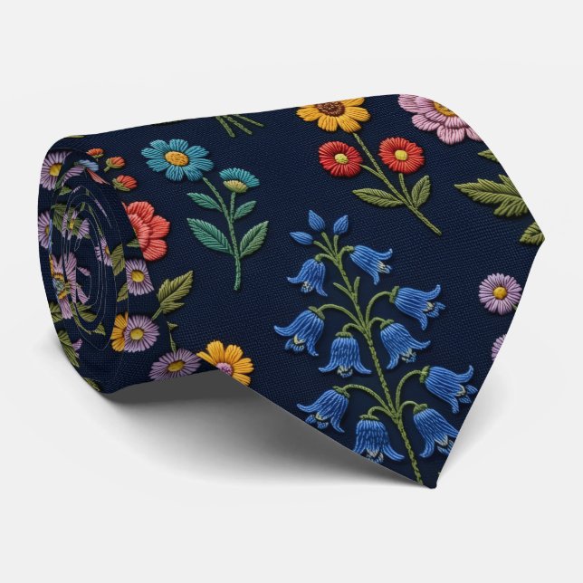 Cravate Fleurs sauvages Faux soie | Style de broderie vint (Roulé)