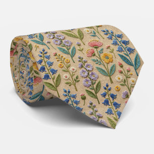 Cravate Fleurs sauvages Faux soie   Style de broderie vint