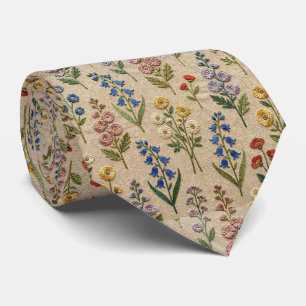 Cravate Fleurs sauvages Faux soie   Style de broderie vint