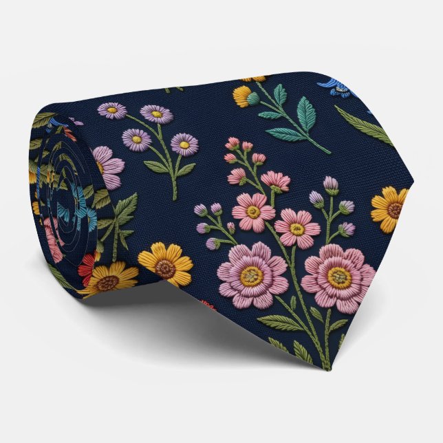 Cravate Fleurs sauvages Faux soie | Style de broderie vint (Roulé)