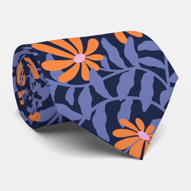 Cravate Fleurs super en gras - bleu orange (Roulé)