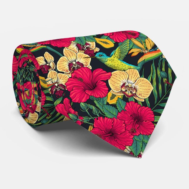 Cravate Fleurs tropicales et colibri - Botanica d'été (Roulé)