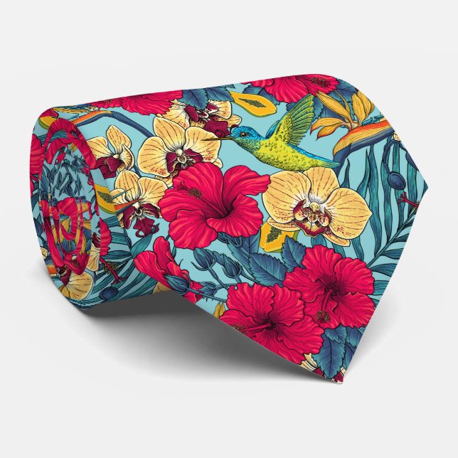 Cravate Fleurs tropicales et colibri - Botanica d'été (Roulé)
