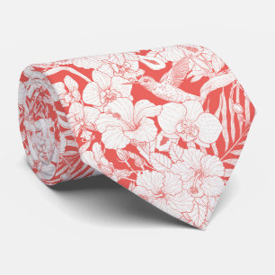 Cravate Fleurs tropicales et colibri en corail et dépareil