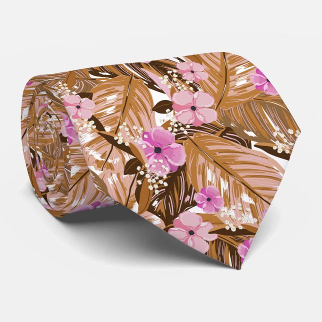 Cravate Fleurs Tropicales Feuilles Rose Brun Beige Marron (Roulé)