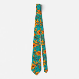 Cravate Fleurs tropicales orange   Turquoise