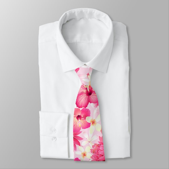 Cravate Fleurs tropicales rose et blanche (Attaché)