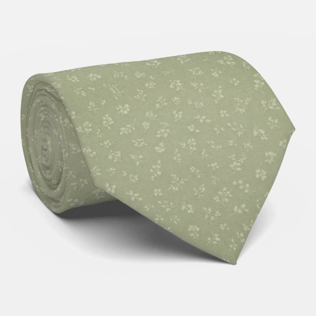 Cravate Fleurs Vert Sauge Vintage Douce  (Roulé)