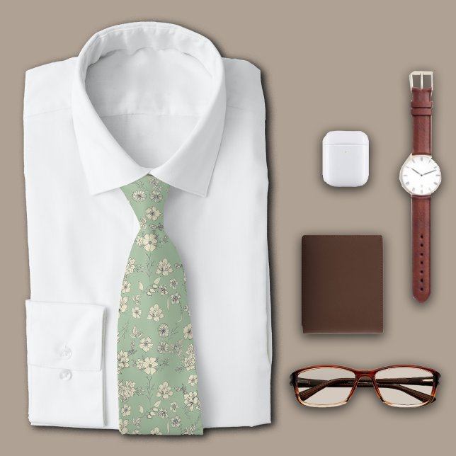 Cravate Fleurs vintages Vert antique Personnaliser Initial (Créateur téléchargé)