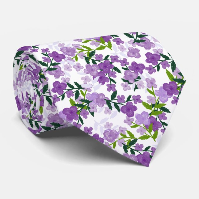 Cravate Fleurs Violettes Et Feuilles Aquarelle Mariage (Roulé)