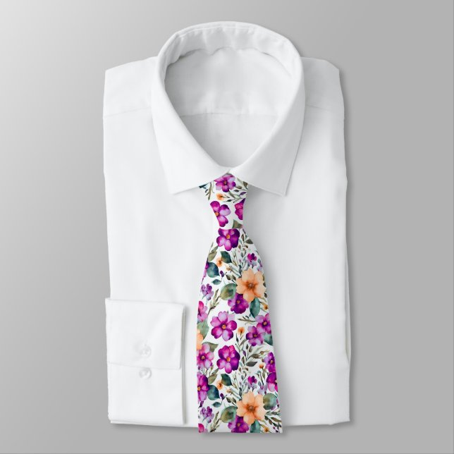 Cravate Fleurs violettes orange motif floral (Attaché)