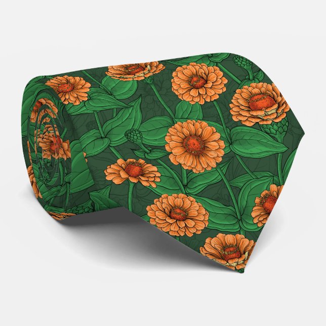 Cravate Fleurs Zinnia orange, feuilles verts sur vert fonc (Roulé)
