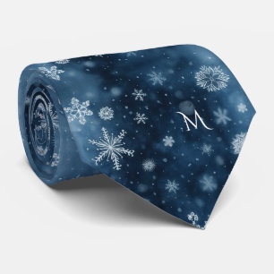 Cravate Flocon de neige d'hiver Bleu de minuit Monogramme 