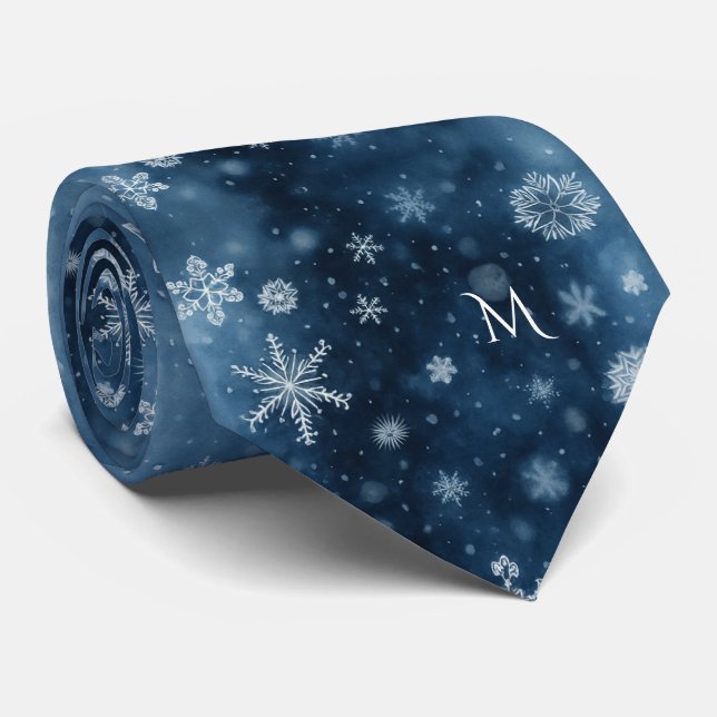 Cravate Flocon de neige d'hiver Bleu de minuit Monogramme  (Roulé)