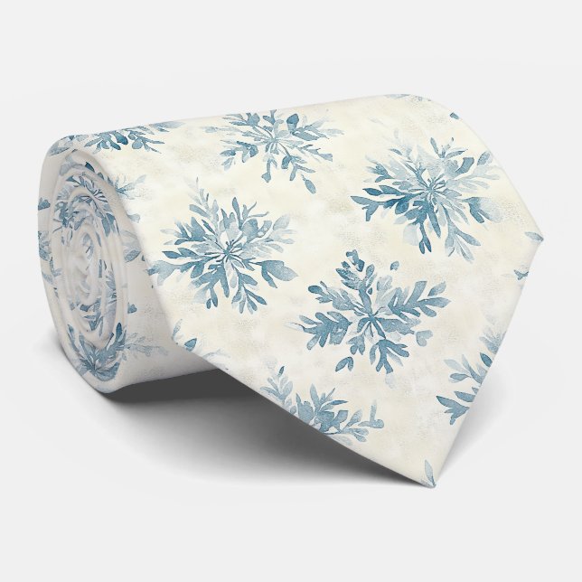 Cravate Flocons de neige Aquarelle Bleu (Roulé)