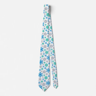Cravate Flocons de neige bleus et turquoise sur fond blanc