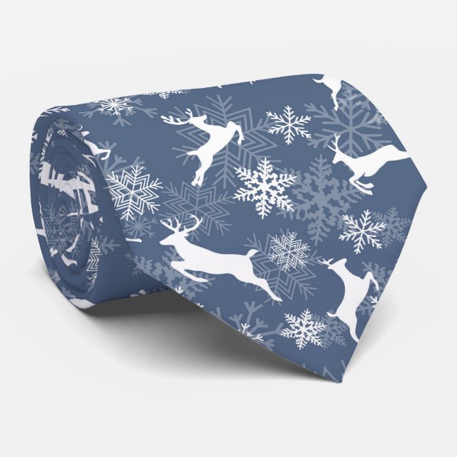 Cravate Flocons de neige de Noël bleus motif cerf (Roulé)