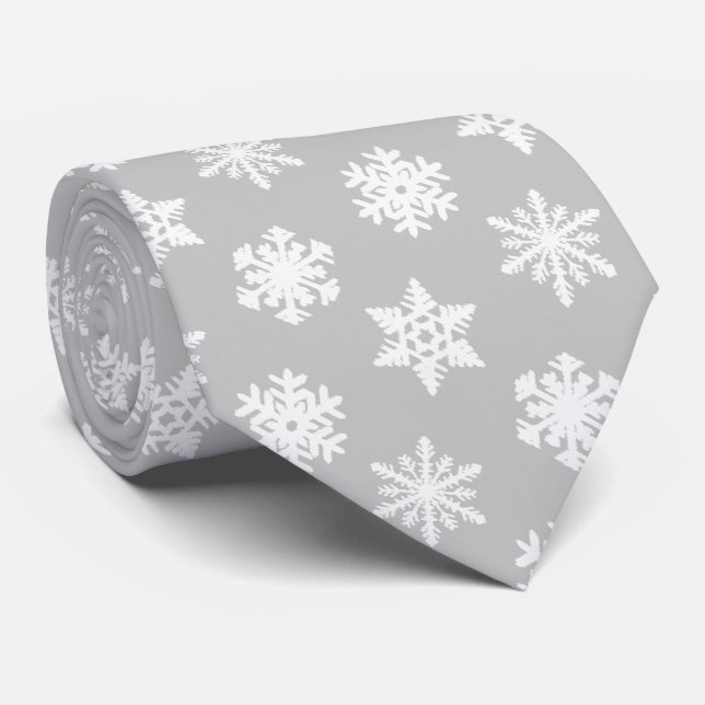Cravate Flocons de neige Ikat - Gris argenté et blanc (Roulé)