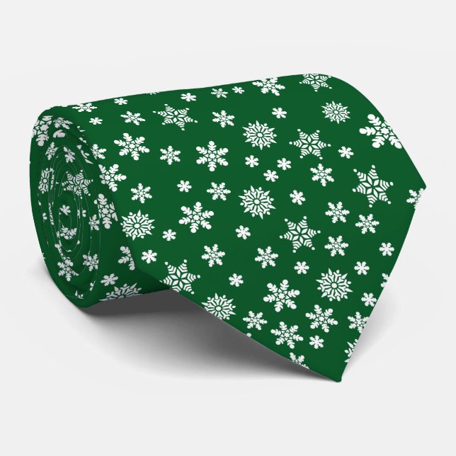 Cravate Flocons de neige sur un Noël vert (Roulé)