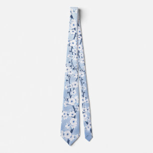 Cravate Floral Cerisier Fleur Blanc Bleu Motif