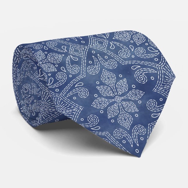 Cravate Floral Damask Line Art sur Denim Blue (Roulé)