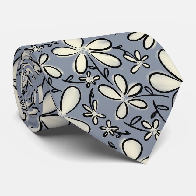 Cravate Floral Gris et motif de fleur de crème (Roulé)
