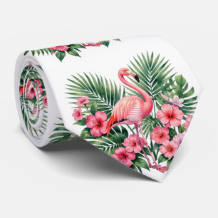 Cravate Floral Hawaïen Flamant Rose Aquarelle Tropicale