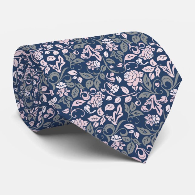Cravate Floral Navy & Rose Rose Rose Vine Motif (Roulé)