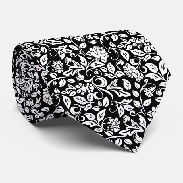 Cravate Floral noir et blanc Rose Motif (Roulé)