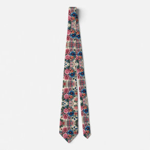 Cravate Floral rose bleu plaid Monogramme