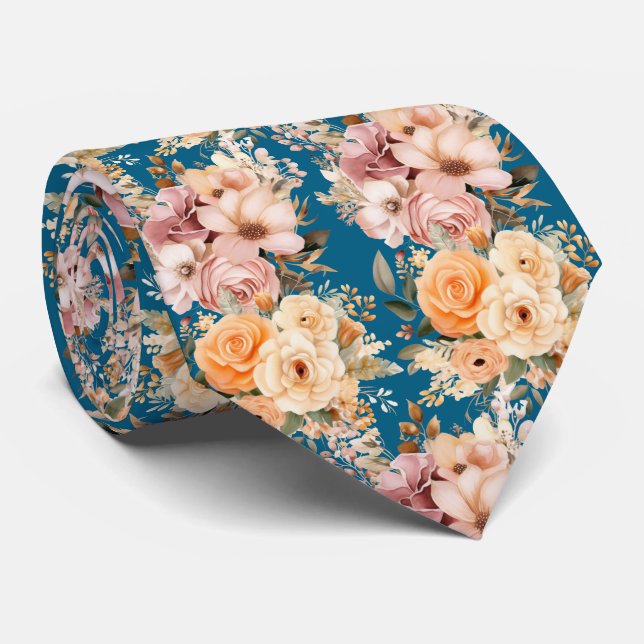 Cravate Flore bleu marine et rose brun (Roulé)