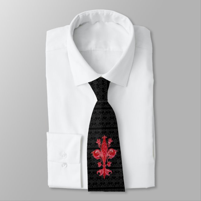 CRAVATE FLORENTINE ROUGE LILY, FLEUR DE LIS, BLACK DAMASK (Attaché)