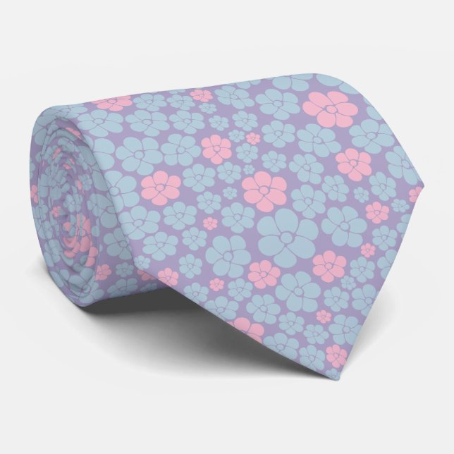 Cravate Flower Pattern in Blue, Lilac, and Pink (Roulé)