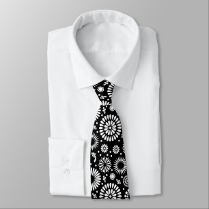Cravate Folk Floral Noir et Blanc Tournesol Boho Chic 