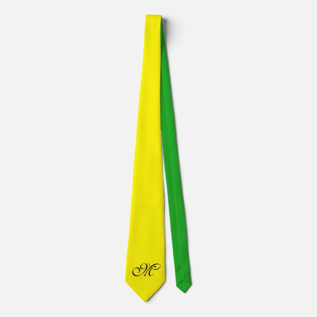 Cravate Fond uni de couleur - jaune vert + monogramme (Devant)