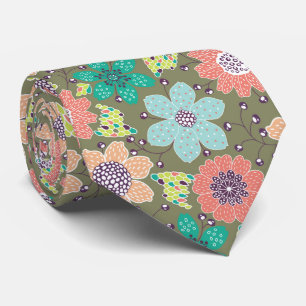 Cravate Fond vert doux à motif de fleurs multicolores