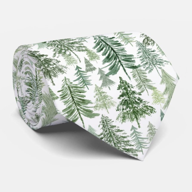 Cravate Forêt d'arbres de Noël en vert sur fond blanc (Roulé)