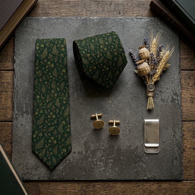 Cravate Fougère botanique dorée Ivy vert chasseur (Créateur téléchargé)