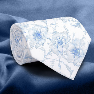 Cravate Foulard à col toile de Jouy fleurs bleu pâle