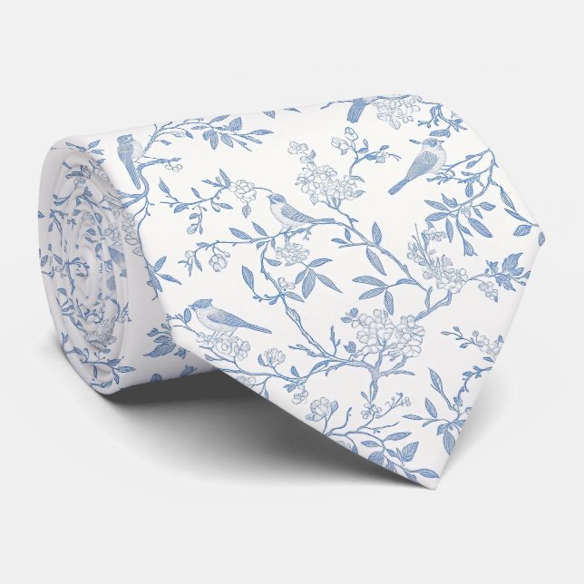 Cravate Foulard à col toile de jouy oiseaux bleus (Roulé)