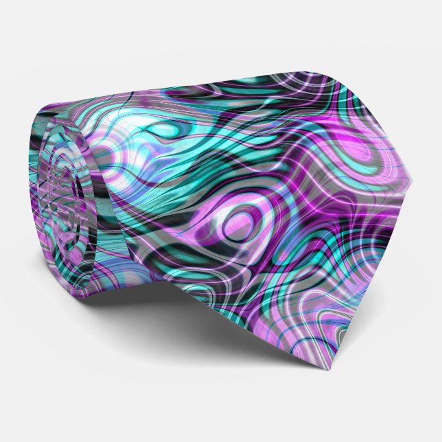 Cravate Fractales Noir Blanc Rose Violet Aqua Turquoise (Roulé)