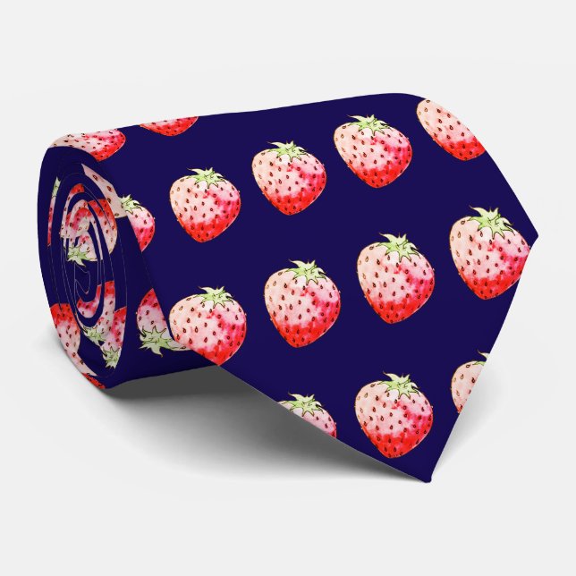 Cravate fraise aquarelle dans le bleu marine (Roulé)