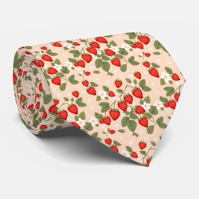 Cravate Fraises Avec Feuilles Verts Et Fleurs Blanches (Roulé)